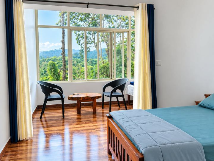 A room’s picture window looking onto the forest